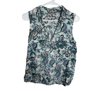St Tropez West Tank Top Women's Medium Blue Floral Linen Blend V-Neck Shirt